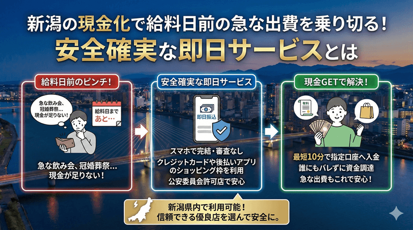 新潟の現金化で給料日前の急な出費を乗り切る！安全確実な即日サービスとは