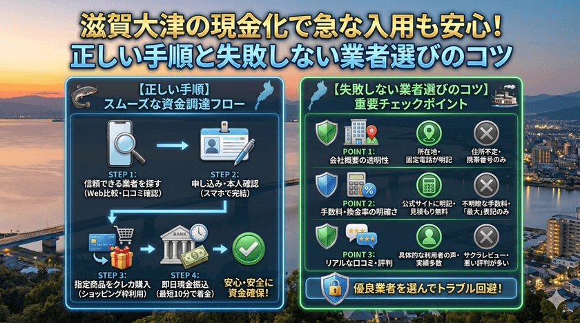 滋賀大津の現金化で急な入用も安心！正しい手順と失敗しない業者選びのコツ