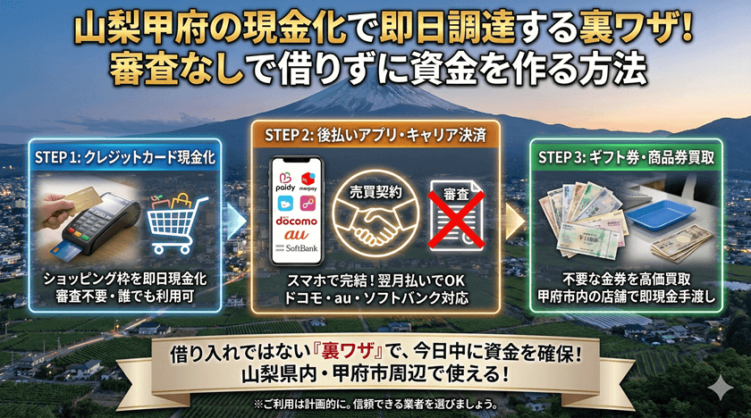 山梨甲府の現金化で即日調達する裏ワザ！審査なしで借りずに資金を作る方法