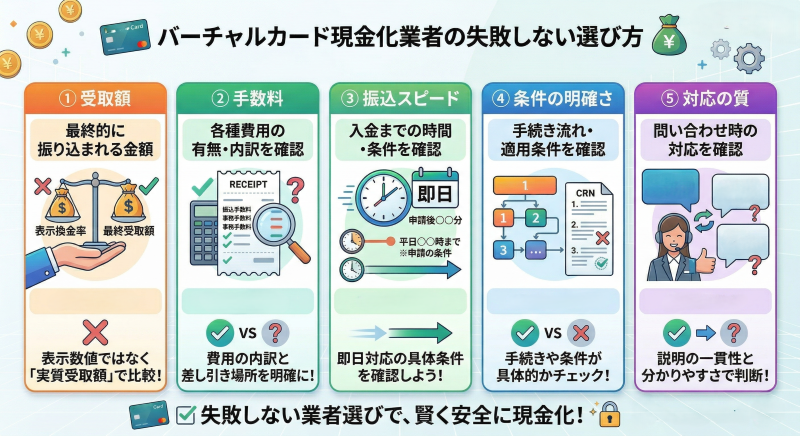 バーチャルカード現金化の業者選び方