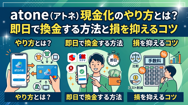 次をアイキャッチ画像に　atone（アトネ）現金化のやり方とは？即日で換金する方法と損を抑えるコツ
